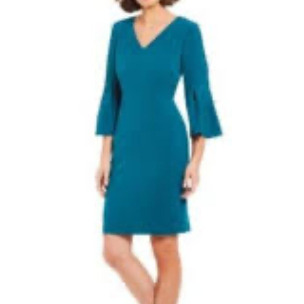 Jessica Howard Sheath Dress Green V-neckline Flare half Sleeves‎ 4 Petite Lined